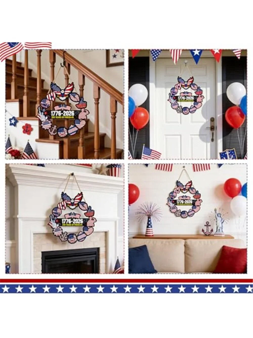 4th of July Door Wreath Wooden American Patriotic Hanging Sign Decor